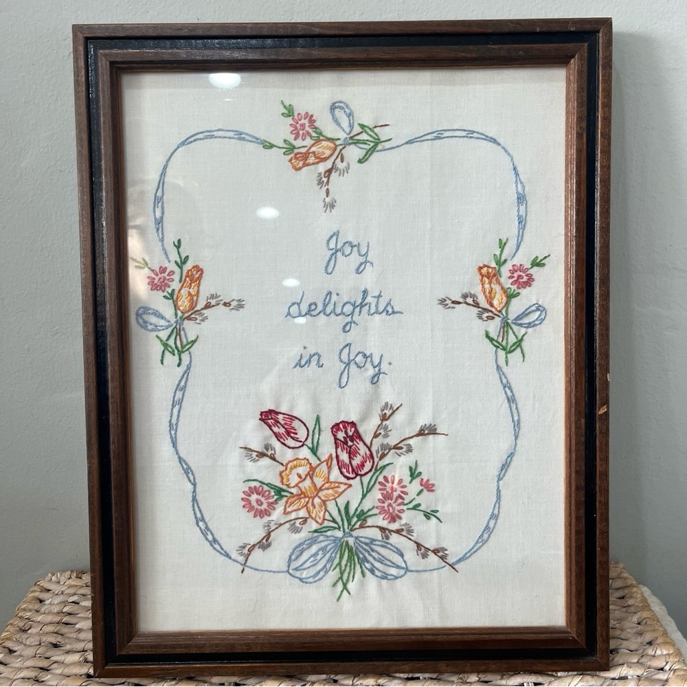 joy delights in joy embroidered framed Piece Flowers 12.5” X 15.5” Grandma Core - Picture 2 of 8